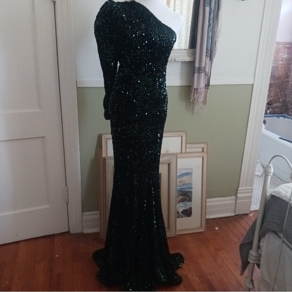 Elegant Green on Black Sequin Evening Gown